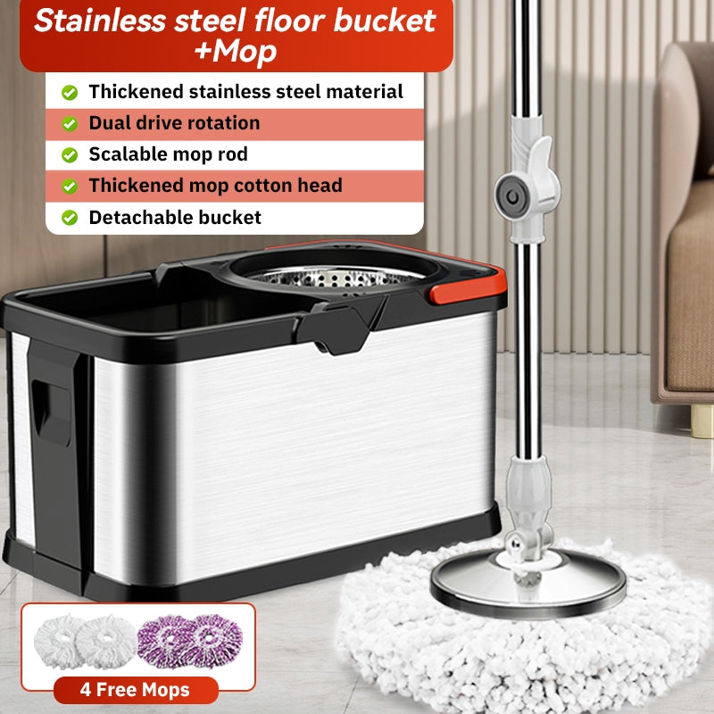 【4 Free Mops】MOK Mop+Mop Bucket Household Stainless Steel Large Mop Durable Saving Time And Manpower