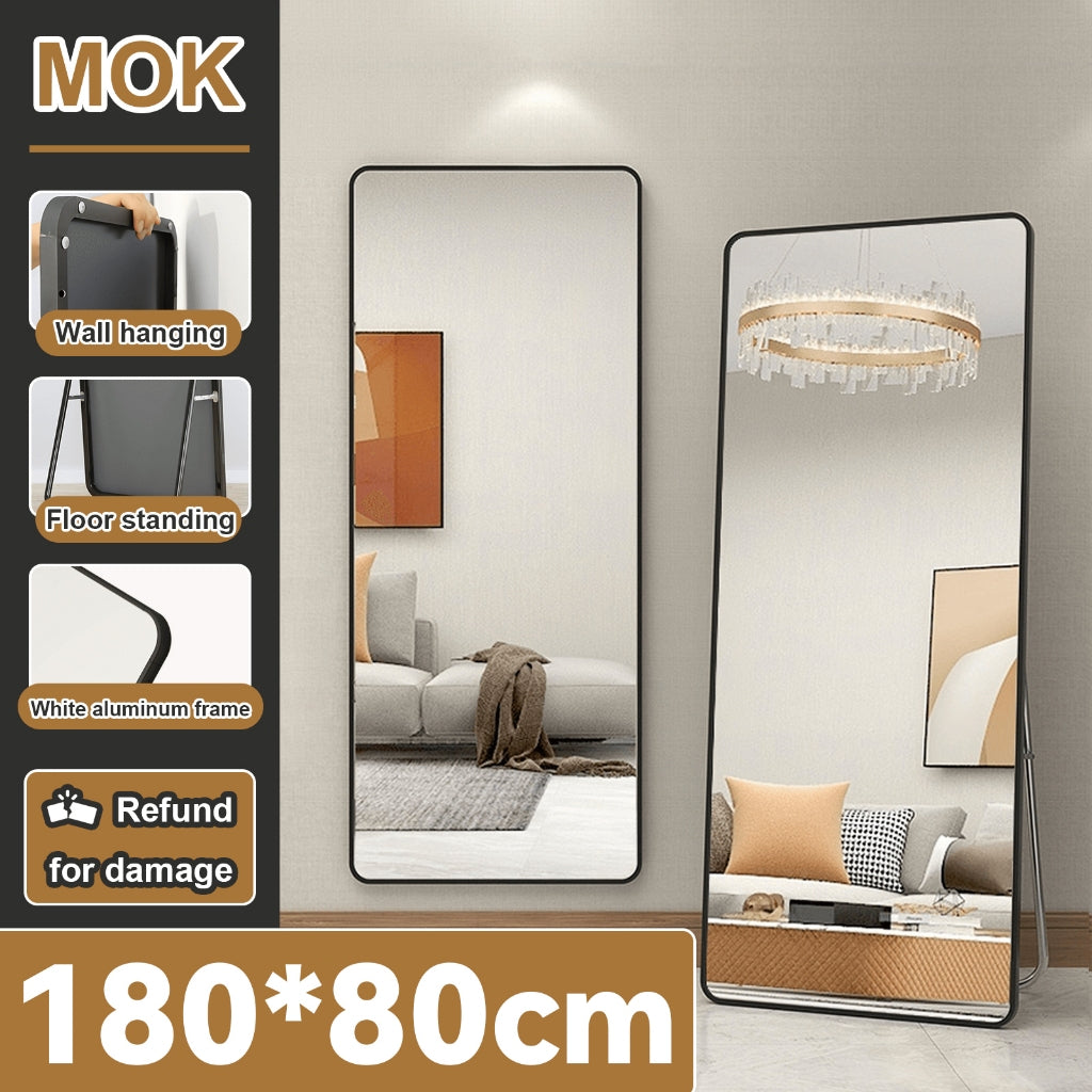 MOK Body Mirror 180*80CM Mirror With Stand Floor-To-Ceiling Wall Mounting Mirror Full Body Metal Border Full Body Mirror With Stand Whole Body Mirror Explosion-Proof HD Glass