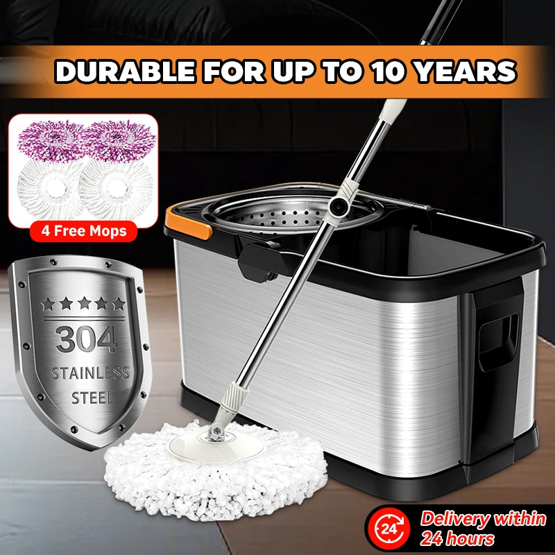 【4 Free Mops】MOK Mop+Mop Bucket Household Stainless Steel Large Mop Durable Saving Time And Manpower