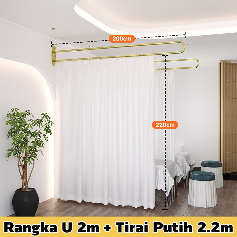 MOK 2M Steel U Curtain Room Barrier White / Gold Bed Curtain Shading Stable Beauty Store / Health Tank