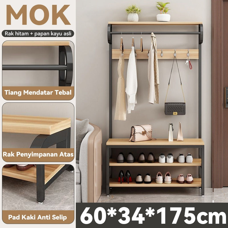 【Multi layer And Multifunctional】MOK 60*34*175cm Entrance Coat Rack Shoe Rack And Hanger Integrated Durable And Stable Thickened Sheet Metal