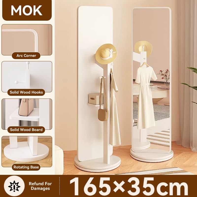 MOK 165cm Cermin 360 ° Rotating Chassis Glass+Clothes Rack+Storage Rack Three In One