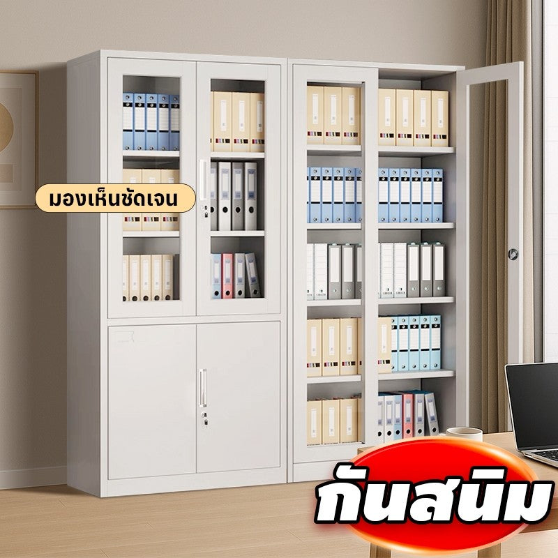 MOK ตู้เก็บเอกสารเหล็ก 185CM บานกระจกนิรภัย ปรับชั้นได้ กันสนิม สีขาว ใช้งานออฟฟิศ