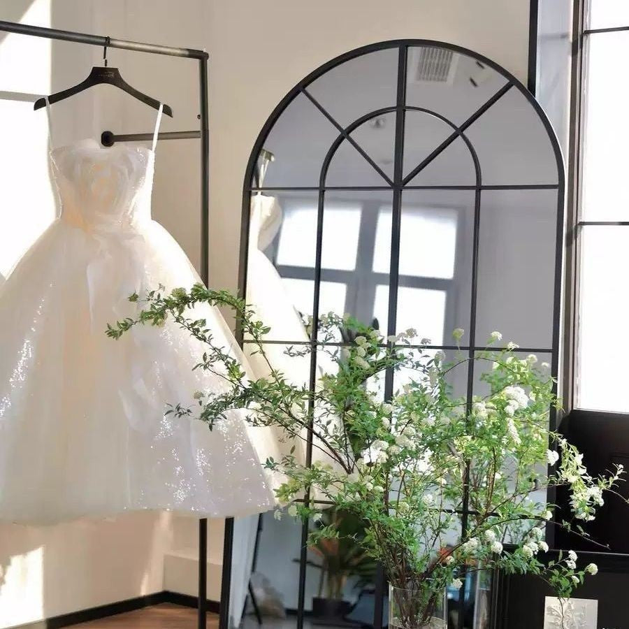MOK 120-180cm Arched Iron Mirror Tempered Glass Wall Mounted/Floor Standing Explosion-Proof Glass Vintage/Cafe/Clothing Store